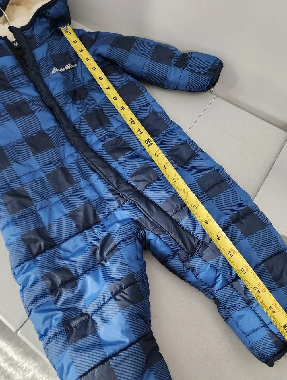 Eddie Bauer Size 6-9 MO Snow suit Fleece Linee Blue Plaid Hooded